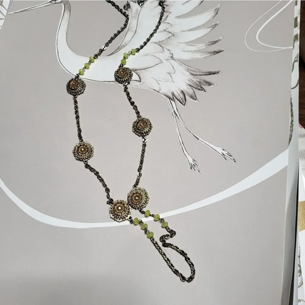 Vintage 90s Talbots Green and Gold Filigree Chain Necklace